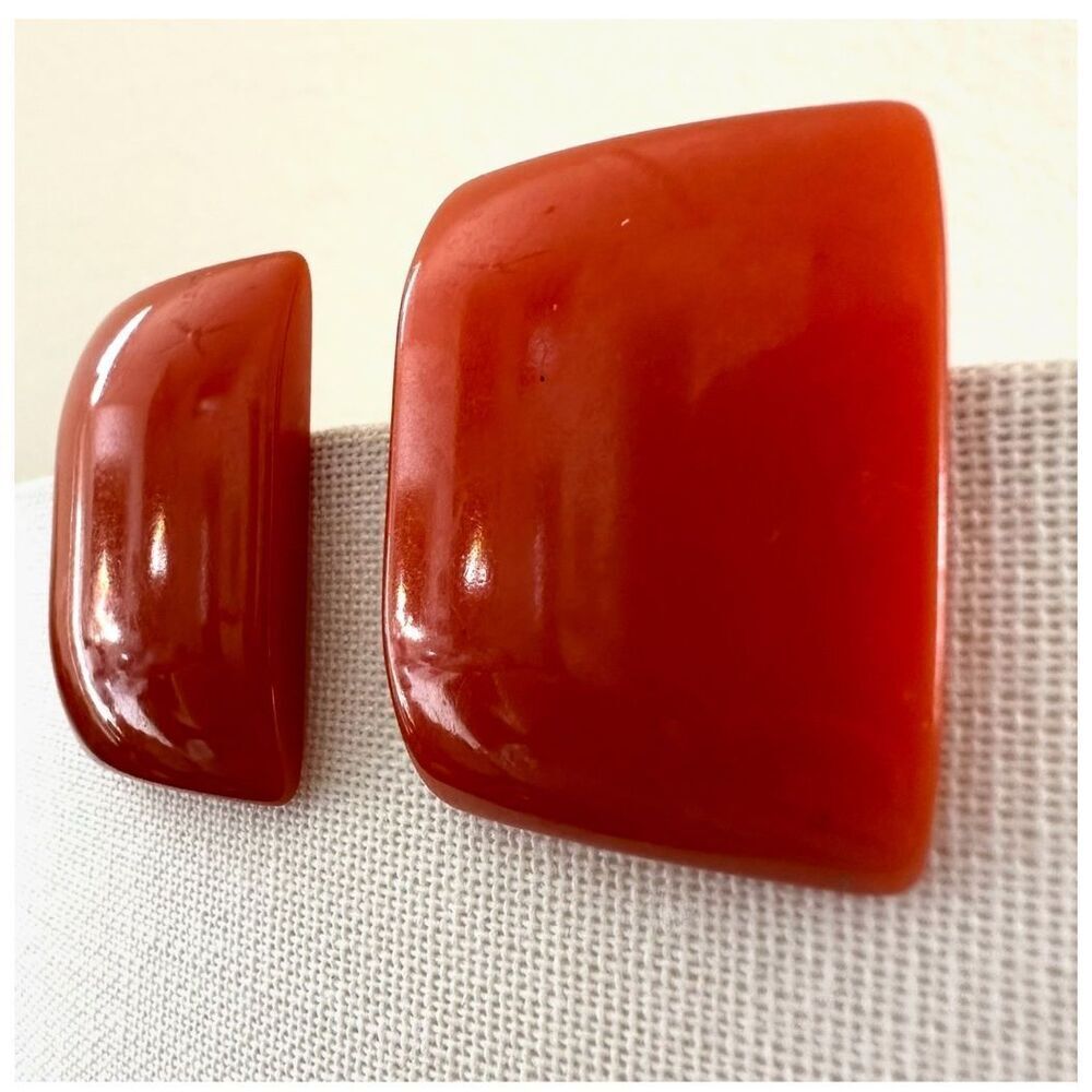 Bakelite Bold Orange Rectangular Clip On Earrings - image 2
